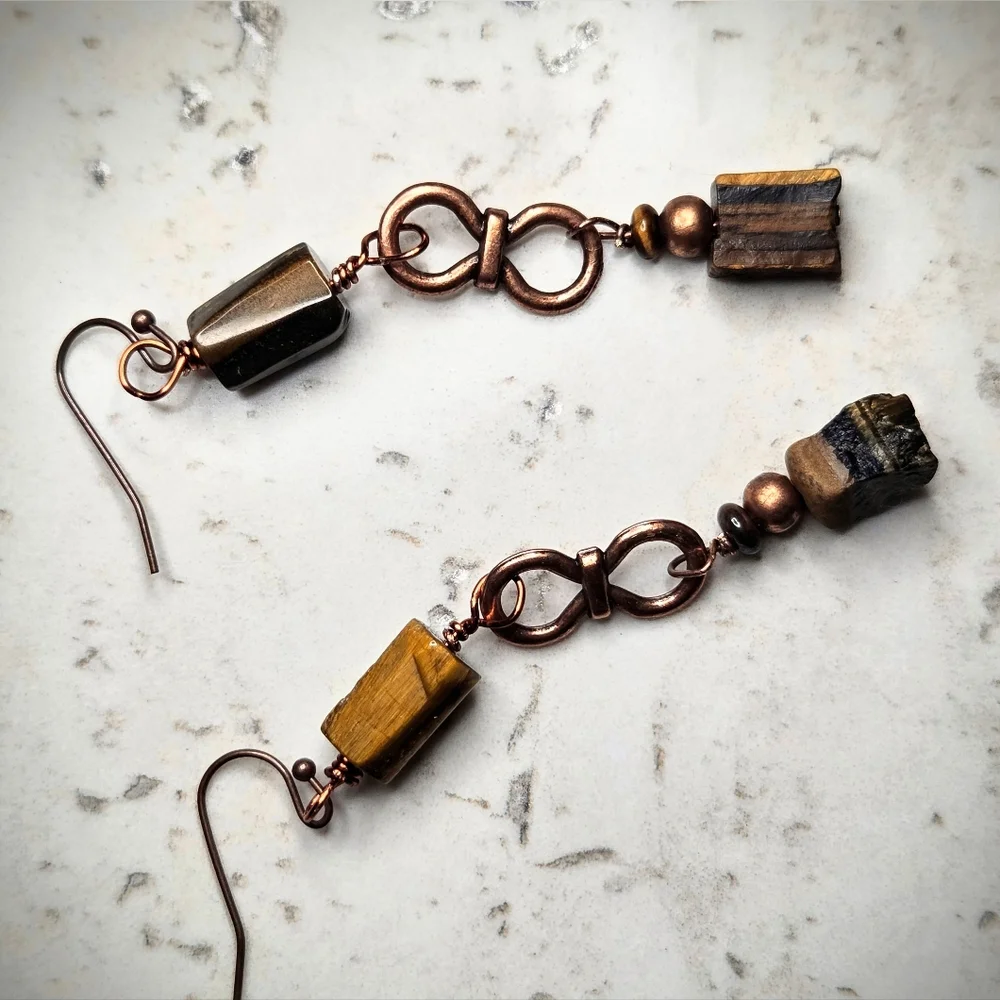 Primitive Chic Natural Tiger's Eye In Handmade Artisan Antique Copper Earrings - Picture 5 of 11